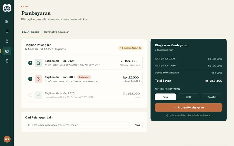 Halaman pembayaran tagihan air Nusa saat petugas mencatat pelunasan