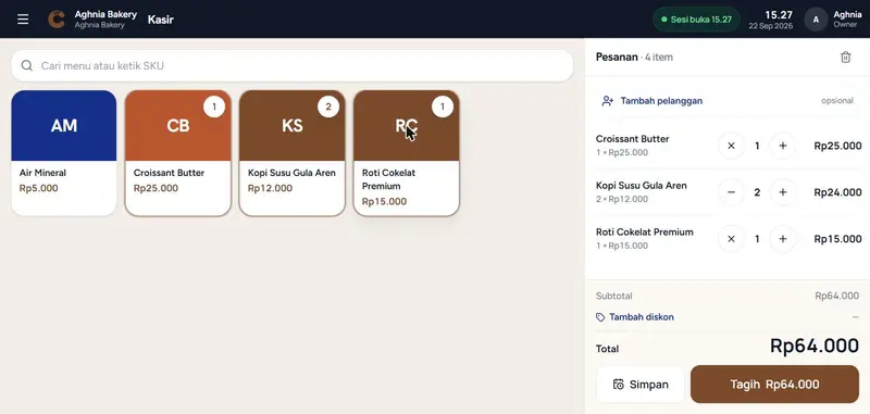 Layar kasir Copia dengan daftar menu dan pesanan yang sedang dihitung